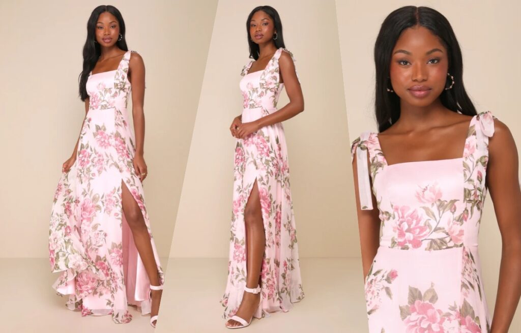 Love Me Forever Pink Floral Tie-Strap Square Neck Maxi Dress