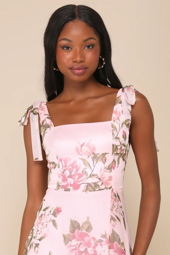 Love Me Forever Pink Floral Tie-Strap Square Neck Maxi Dress details