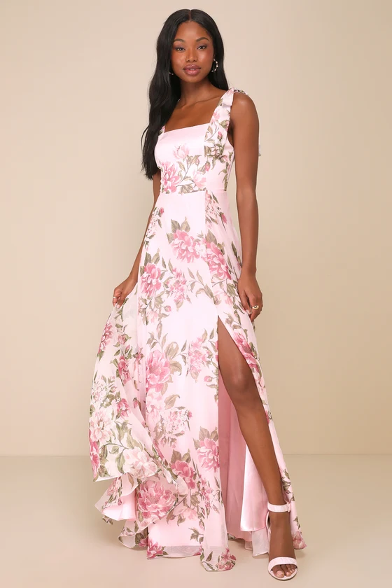 Love Me Forever Pink Floral Tie-Strap Square Neck Maxi Dress front