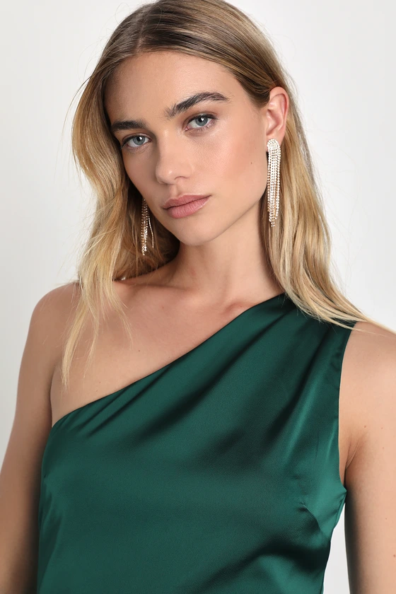 Love Me Tonight Emerald Green Satin One-Shoulder Mini Dress details.