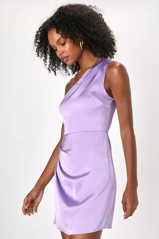 Love Me Tonight Lavender Satin One-Shoulder Mini Dress details.