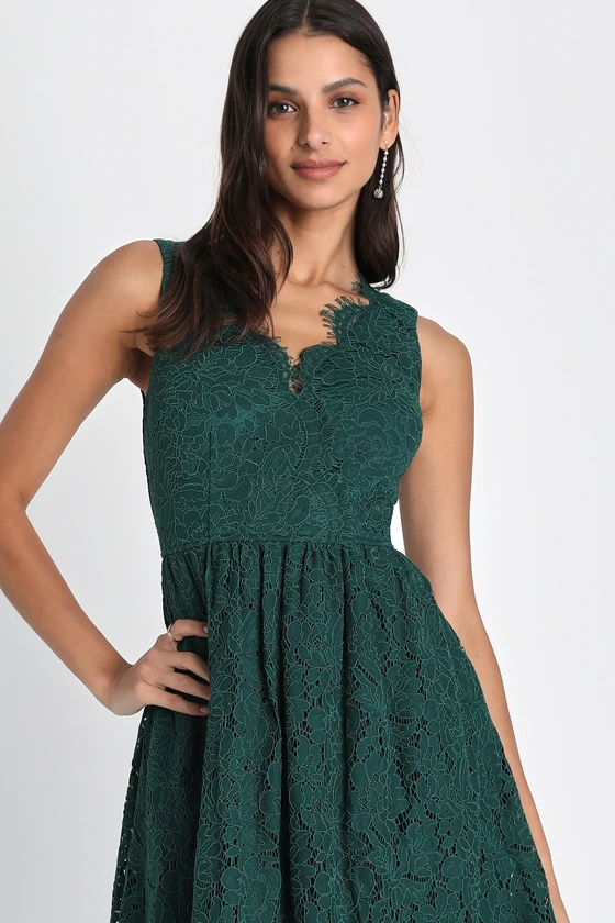 Love Swept Emerald Green Lace Midi Skater Dress With Pockets (3)