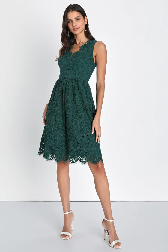 Love Swept Emerald Green Lace Midi Skater Dress With Pockets (4)