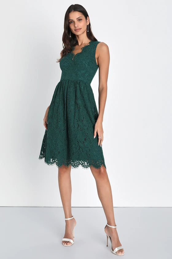 Love Swept Emerald Green Lace Midi Skater Dress With Pockets front