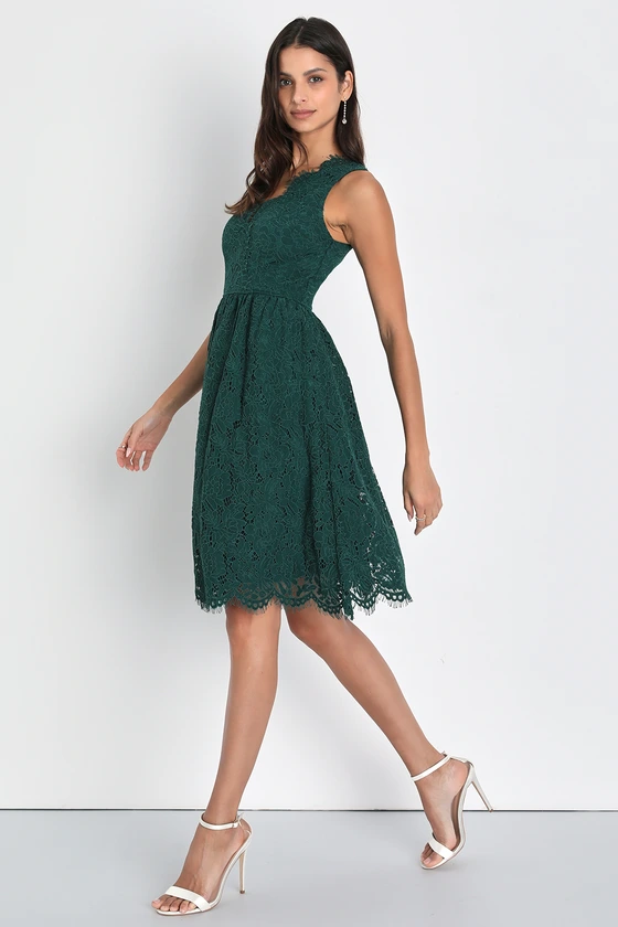 Love Swept Emerald Green Lace Midi Skater Dress With Pockets front