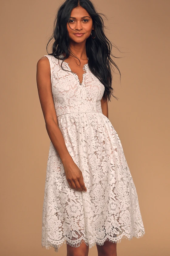 Love Swept White Lace Midi Skater Dress With Pockets front.
