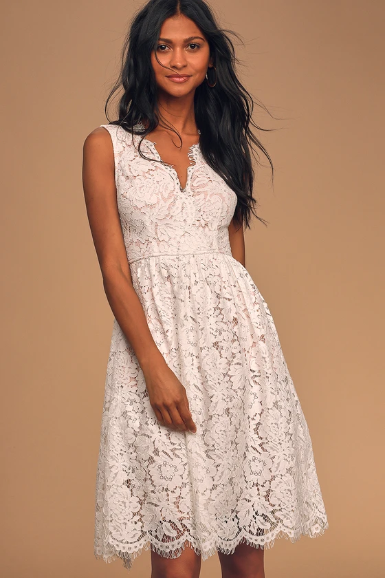 Love Swept White Lace Midi Skater Dress With Pockets front