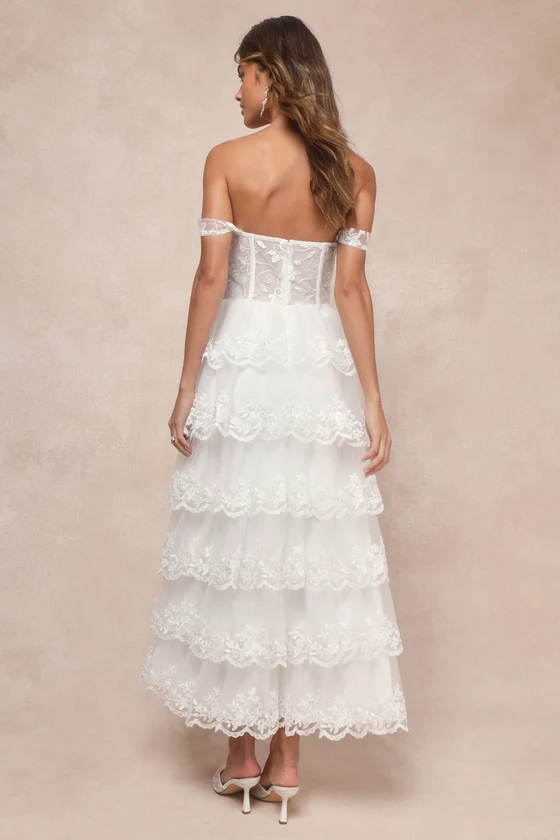 Luxe Beauty White Embroidered Tiered Off-the-Shoulder Dress back
