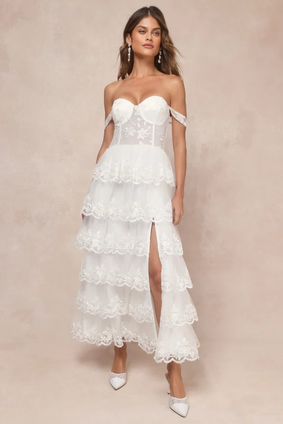 Luxe Beauty White Embroidered Tiered Off-the-Shoulder Dress front