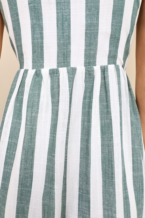 Marseille Mood Green Striped Linen Midi Dress With Pockets details