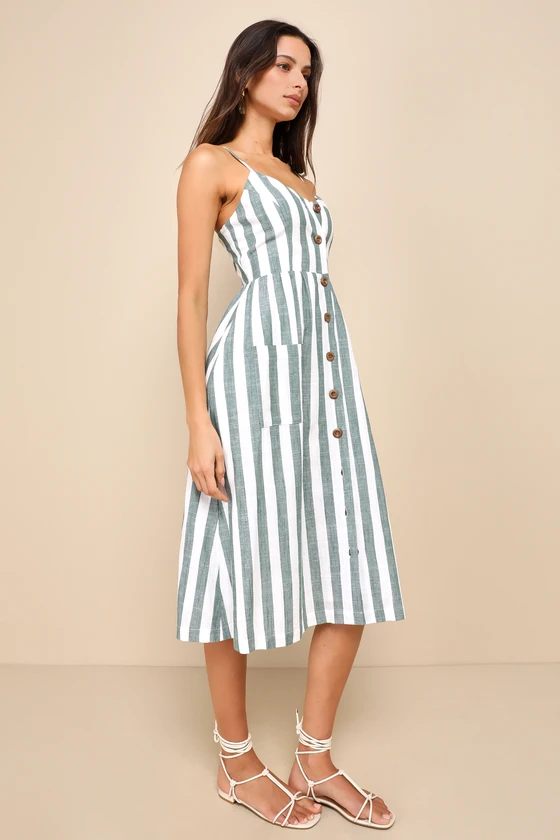 Marseille Mood Green Striped Linen Midi Dress With Pockets side