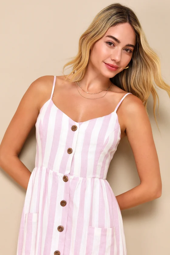 Marseille Mood Pink Striped Linen Midi Dress With Pockets details