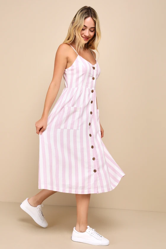 Marseille Mood Pink Striped Linen Midi Dress With Pockets side