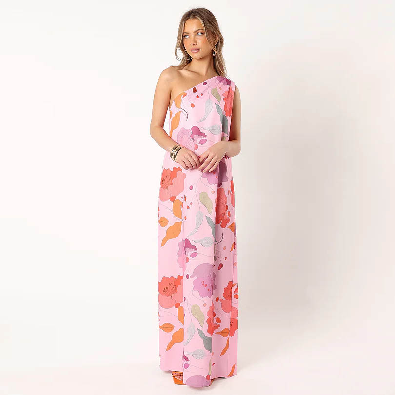 One shoulder maxi dress pink flowers