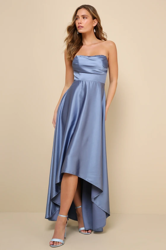 Outstanding Charm Grey Blue Satin Off Shoulder High Low Maxi Dress front