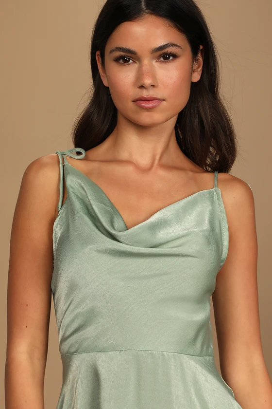 Party with Prosecco Sage Green Satin Tie-Back Mini Dress details.