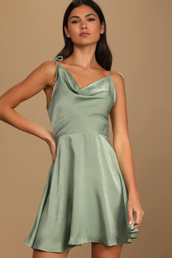 Party with Prosecco Sage Green Satin Tie-Back Mini Dress front