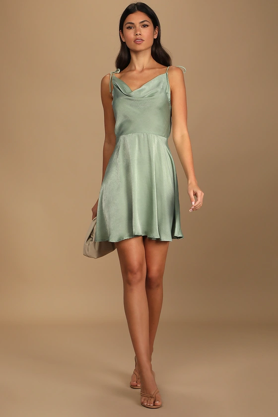 Party with Prosecco Sage Green Satin Tie-Back Mini Dress front..