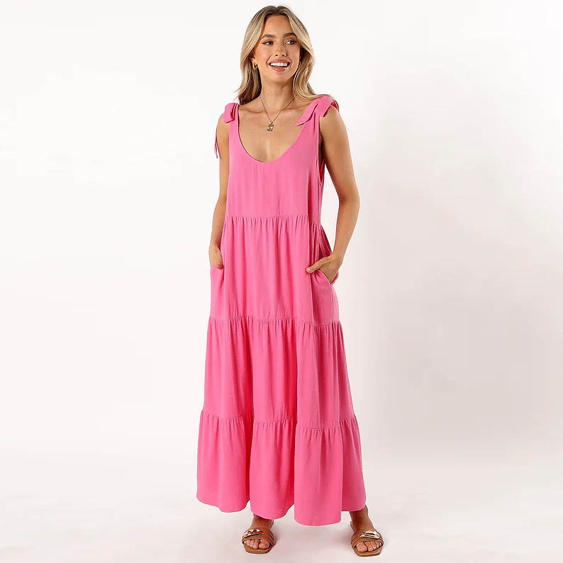 Pink Summer Adjustable Strap Midi Dress