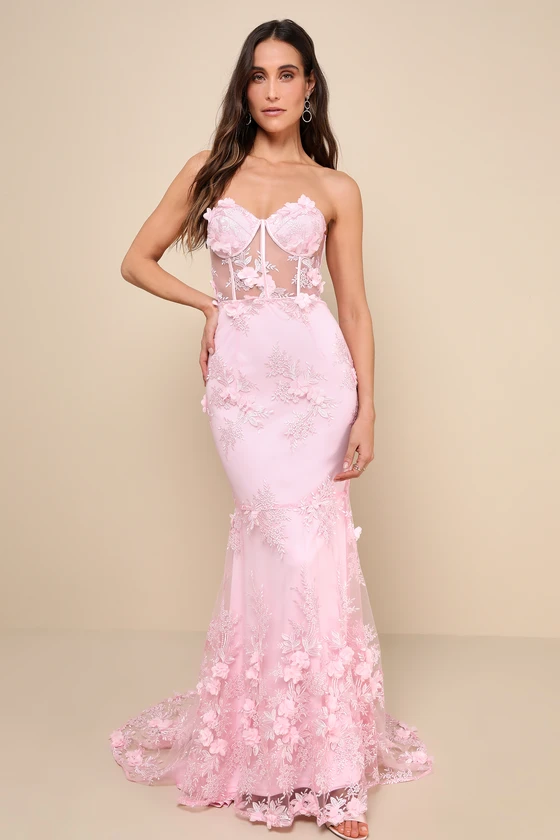 Radiant Expectations Pink Embroidered Floral Bustier Maxi Dress front