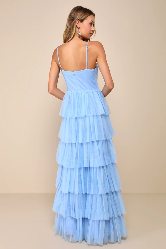 Rule the Runway Light Blue Tulle Surplice Tiered Maxi Dress back