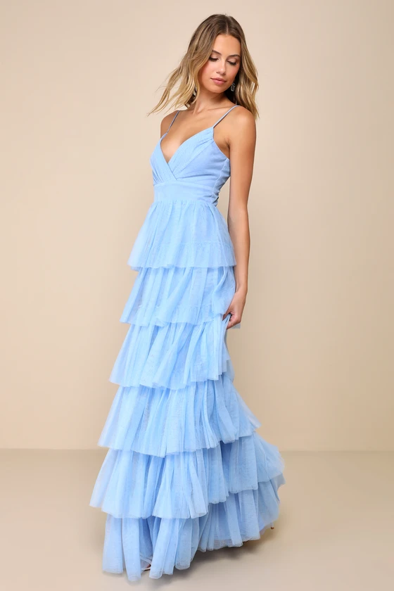 Rule the Runway Light Blue Tulle Surplice Tiered Maxi Dress front