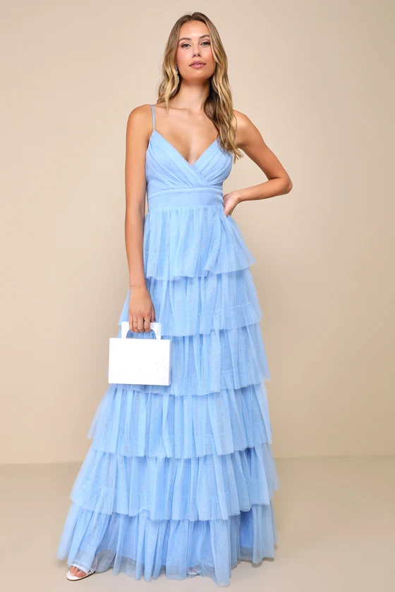 Rule the Runway Light Blue Tulle Surplice Tiered Maxi Dress front.