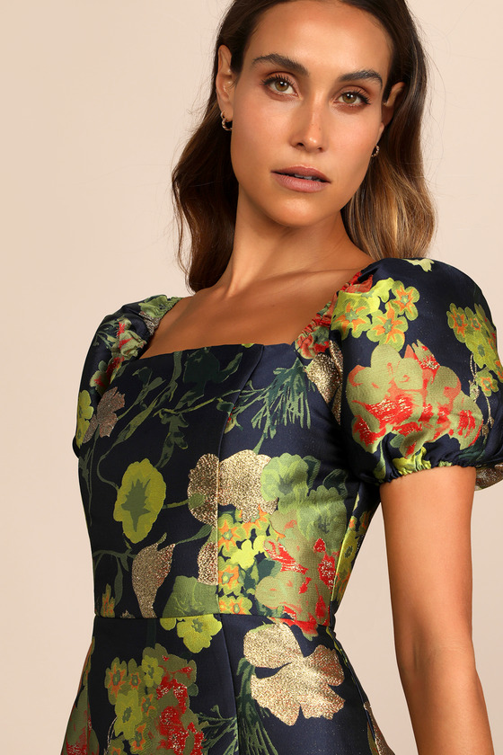 So Stunning Navy Blue Floral Jacquard Puff Sleeve Mini Dress details