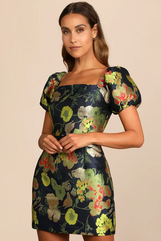 So Stunning Navy Blue Floral Jacquard Puff Sleeve Mini Dress front