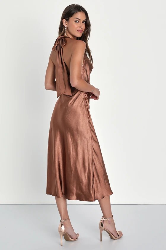 Sophisticated Impression Brown Satin Backless Cowl Midi Dress back