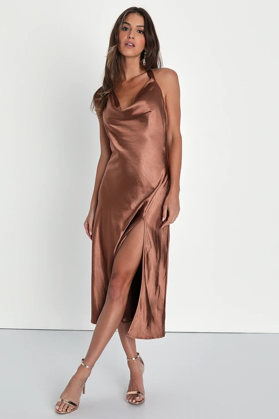 Sophisticated Impression Brown Satin Backless Cowl Midi Dress front