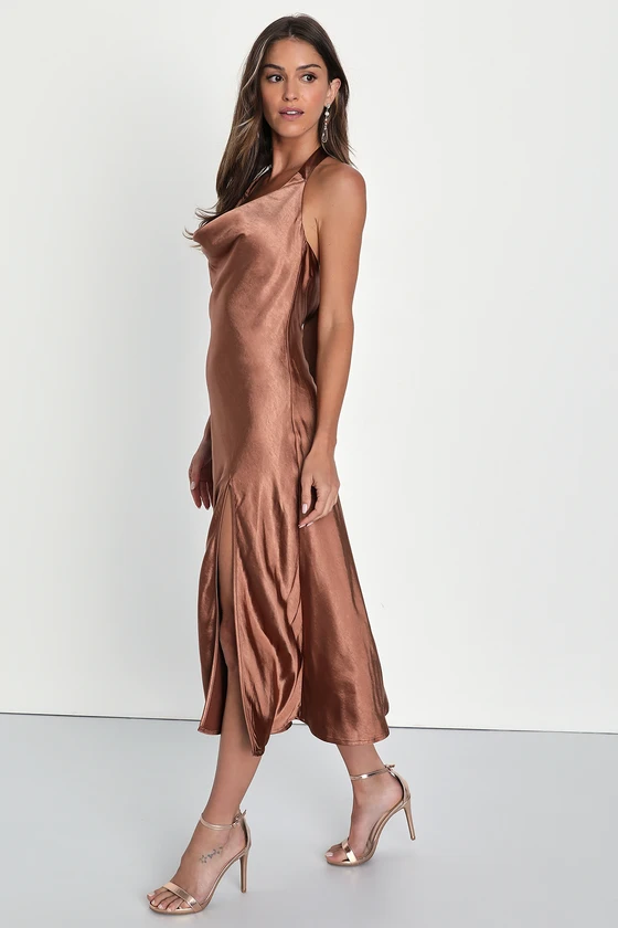 Sophisticated Impression Brown Satin Backless Cowl Midi Dress side