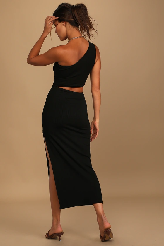 Spice Things Up Black Ribbed One-Shoulder Cutout Midi Dress back