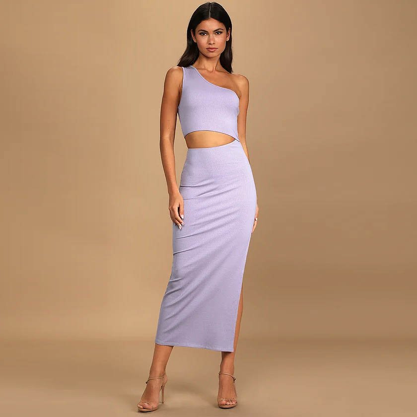 Spice Things Up Lavender Ribbed One-Shoulder Cutout Midi Dress