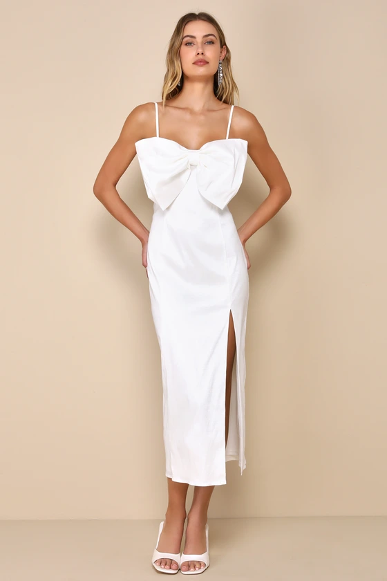 Statement Sweetie White Taffeta Sleeveless Bow Midi Dress front.