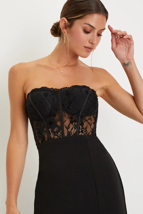 Sultry Persona Black Lace Strapless Bustier Mermaid Maxi Dress details