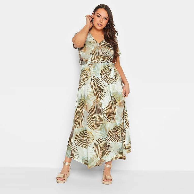 Tropical Leaves Print Wrap Dress Plus Size Summer Dress