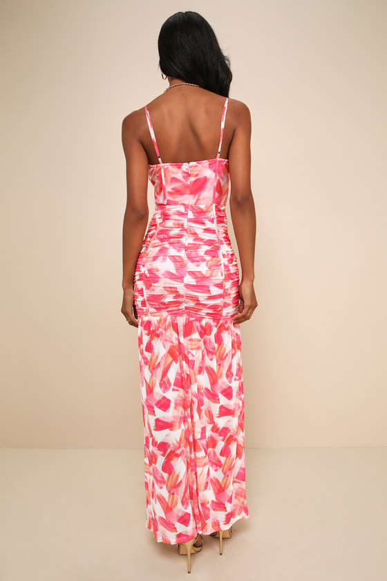 Vivid Appeal Pink Multi Print Ruched Bustier Mermaid Maxi Dress back