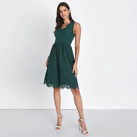 Love Swept Emerald GreenLace Midi Skater Dress with Pockets