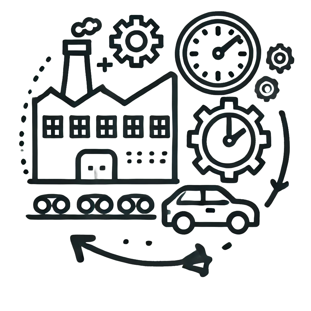 This is a simple icon featuring elements of a factory building, gears, and a clock, symbolizing advanced machinery, optimized production lines, and timely delivery.