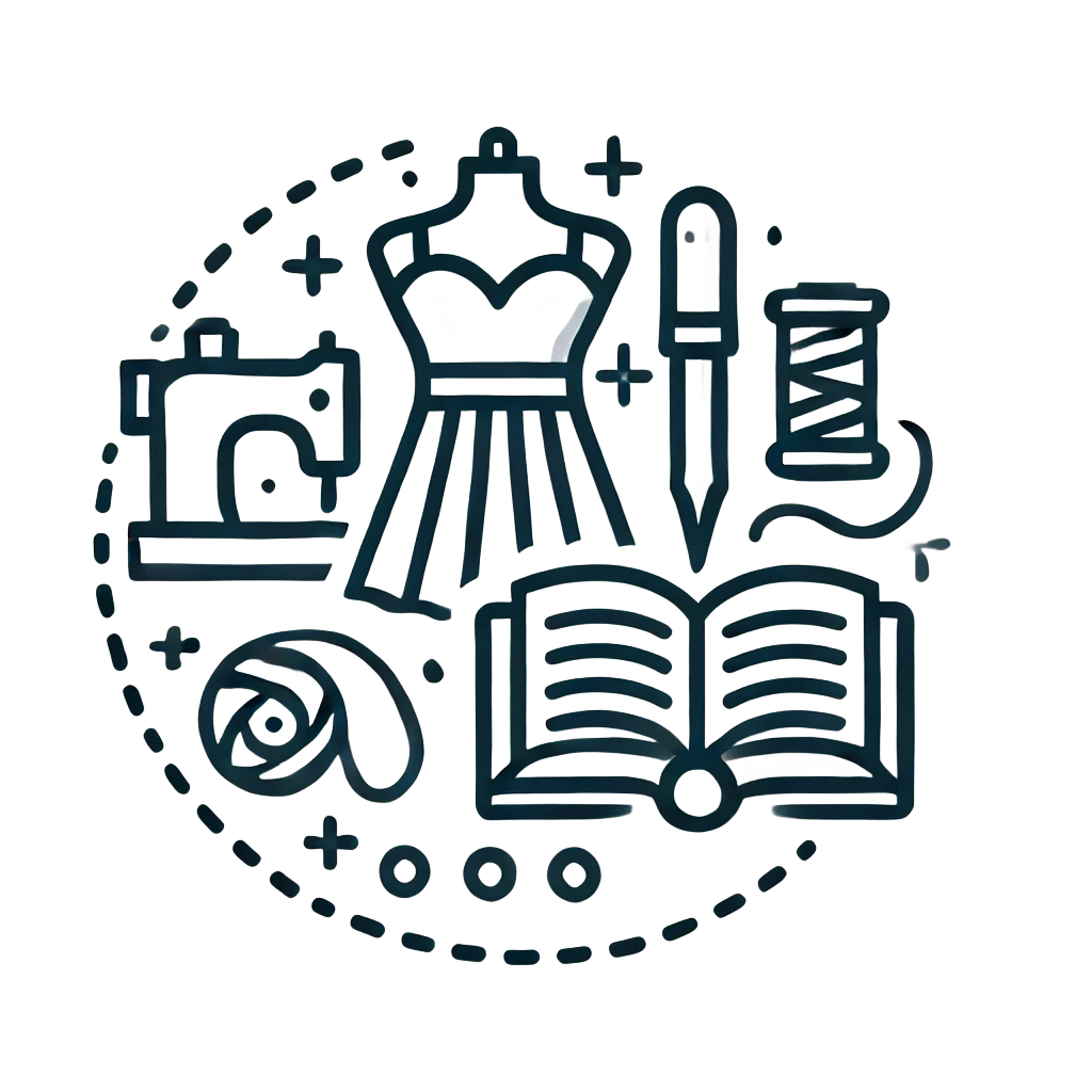 Here is the simple and easy-to-understand icon representing expertise and experience in dress manufacturing, including a stylized dress, sewing needle and thread, and a book to symbolize knowledge