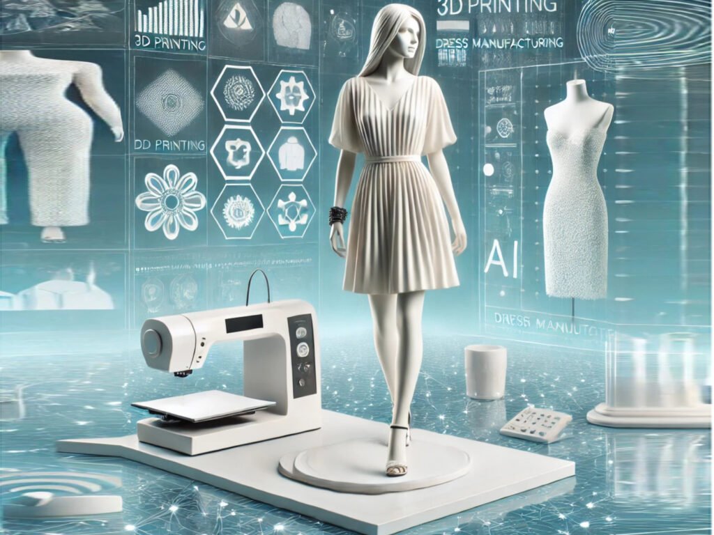 Here is a simplified image featuring a model wearing a fashionable dress, set against a futuristic dress manufacturing scene. The background showcases the integration of 3D printing and AI technology, emphasizing sustainability.
