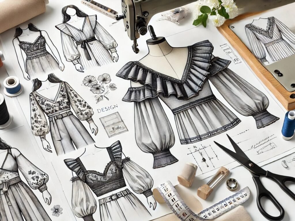 This image effectively showcases the process of women's tops manufacturing, including design sketches, fabric samples, and production tools. It highlights precise tailoring, stylish design elements such as ruffles, embroidery, and prints, and functional features like pockets, adjustable straps, and concealed zippers, all set against a clean and minimalist background to emphasize the quality and craftsmanship involved in producing high-quality women's tops.