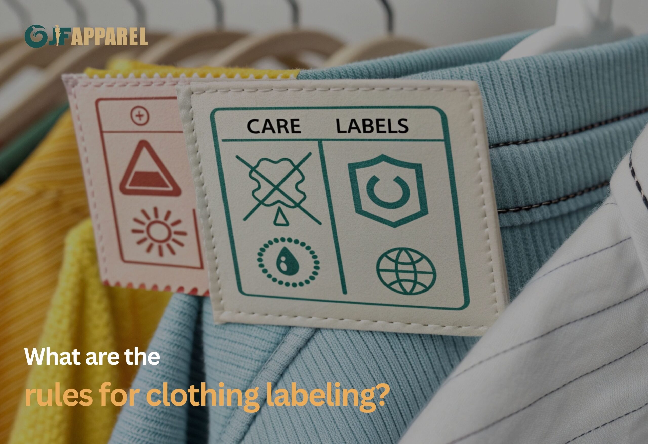 Clothing care labels, fabric care instructions, sustainability icons, vibrant garments.