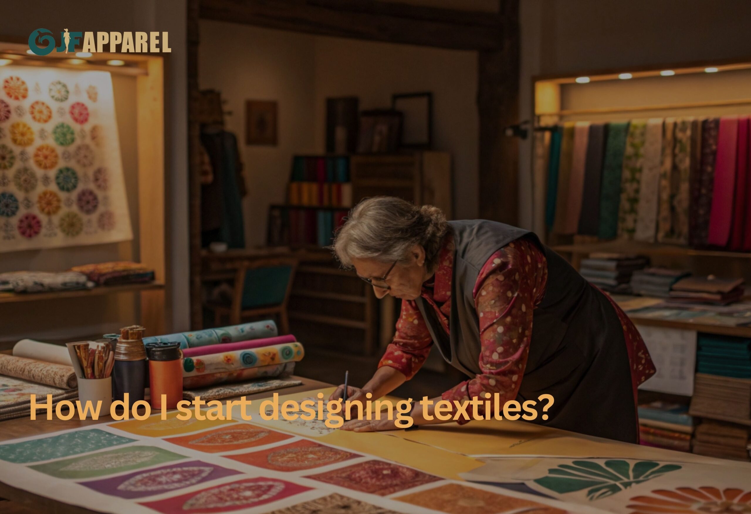 Experienced artisan designs intricate textile patterns in a cozy workshop.