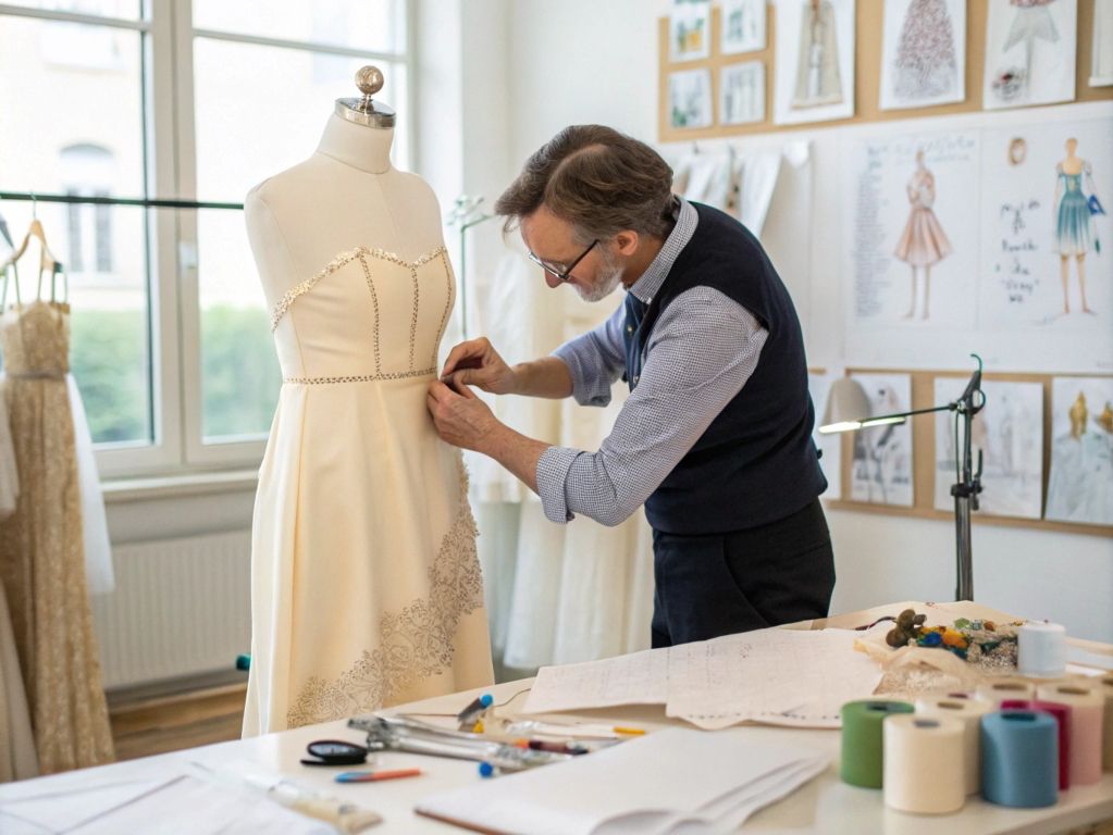 Fashion designer adjusting an ivory wedding gown on a mannequin in a bright studio.