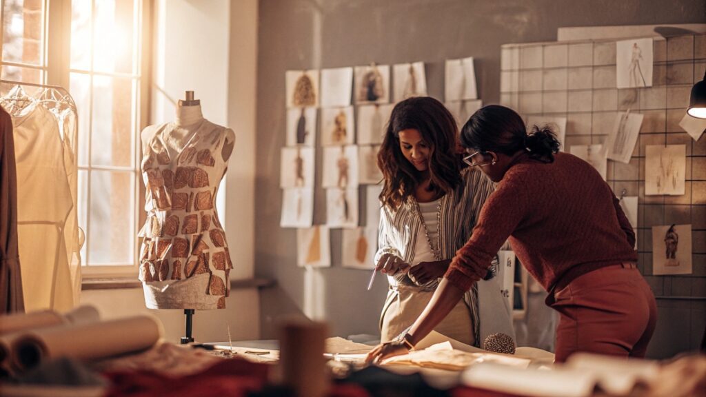 Brainstorming and technical execution in garment development.