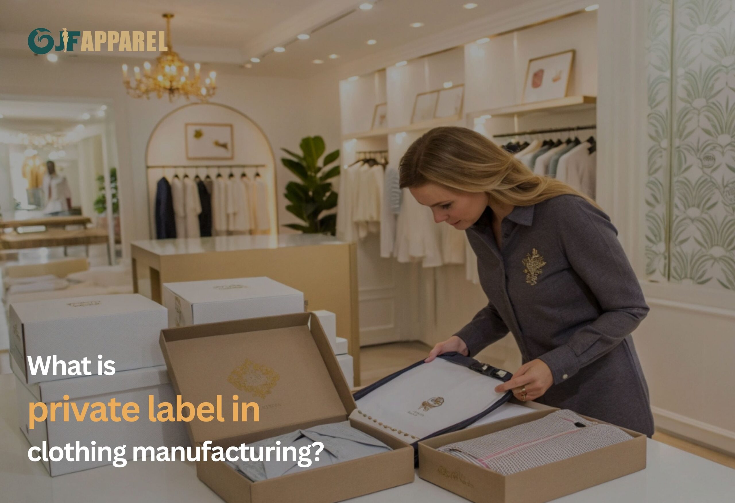 Woman packaging garments, branded boxes, elegant boutique, sophisticated presentation.