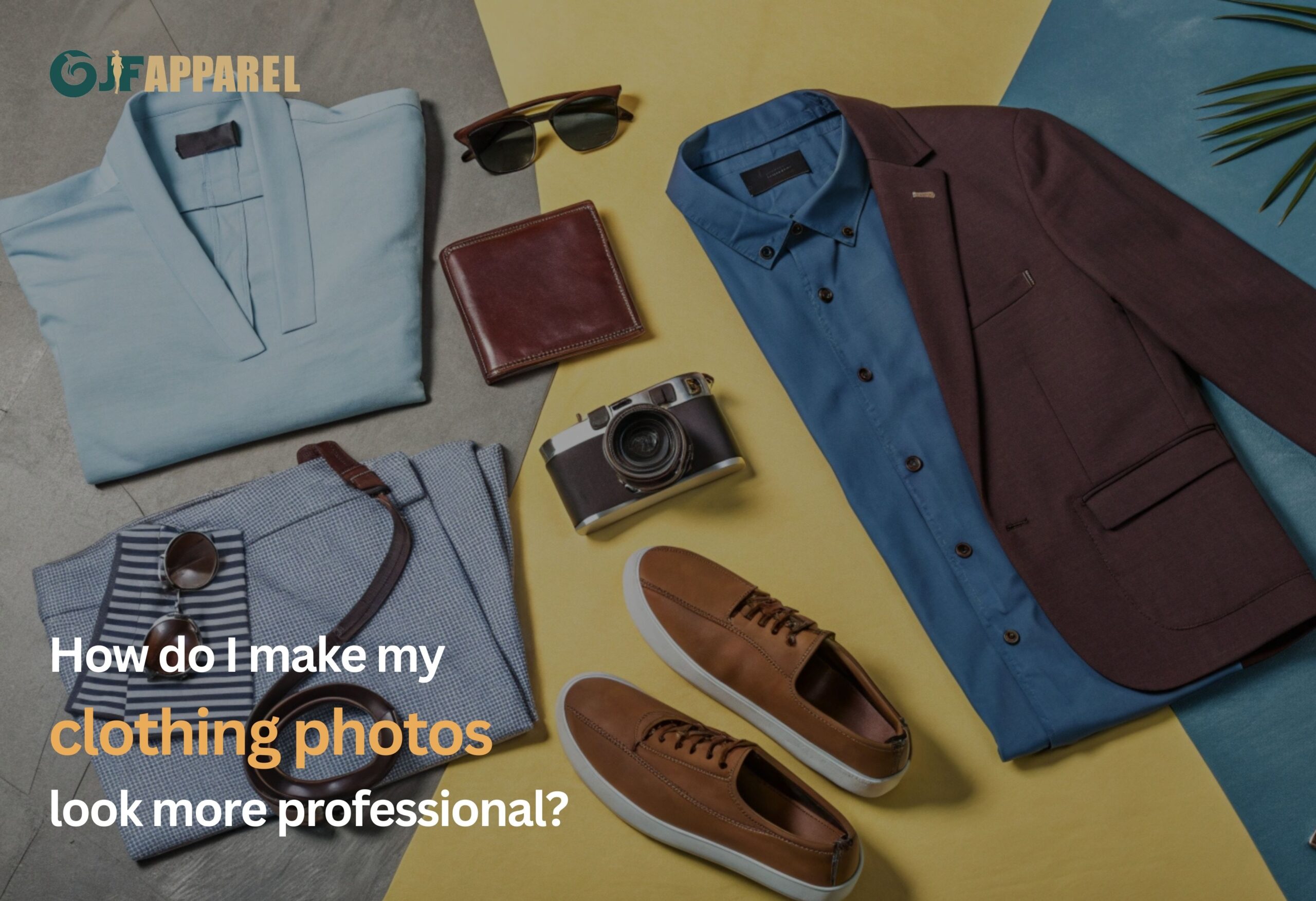 Stylish blazer, shirts, accessories, sneakers, camera, wallet, sunglasses.