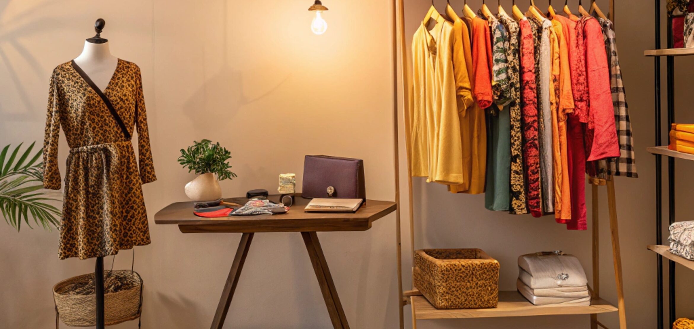 Mannequin, vibrant clothes, wooden rack, handbags, warm lighting, accessories.